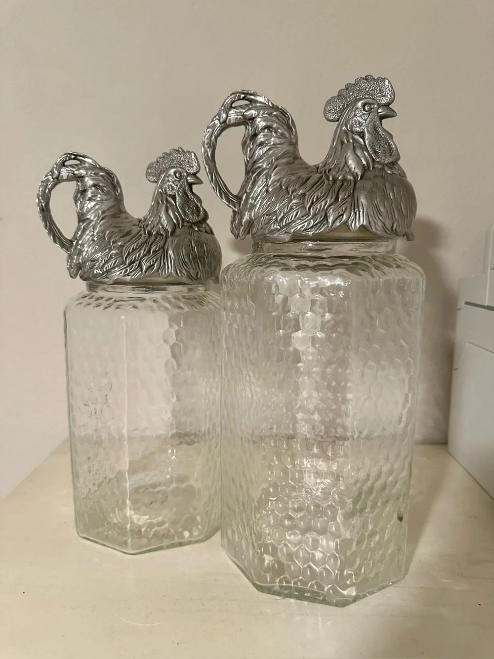 Vintage 2002 RARE Arthur Court Rooster Lids Glass Canisters - Set of 2